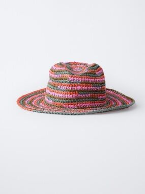 Zara Kids Striped Straw Sun Hat in Pink, Green & Coral NWT
